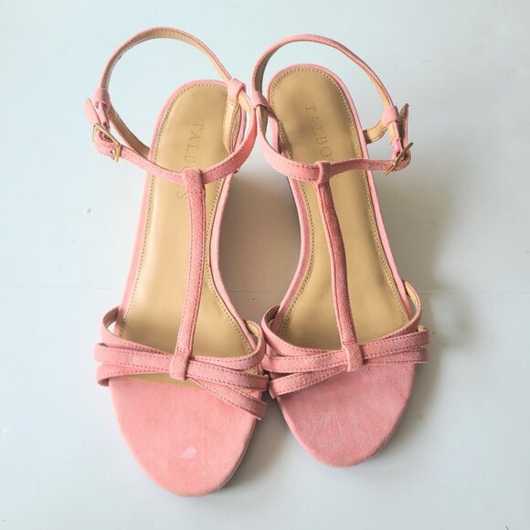 Talbots Shell Coral Pink Genuine Suede Royce T-Strap Kitten Wedge Heel Sandals 7 - Picture 3 of 10